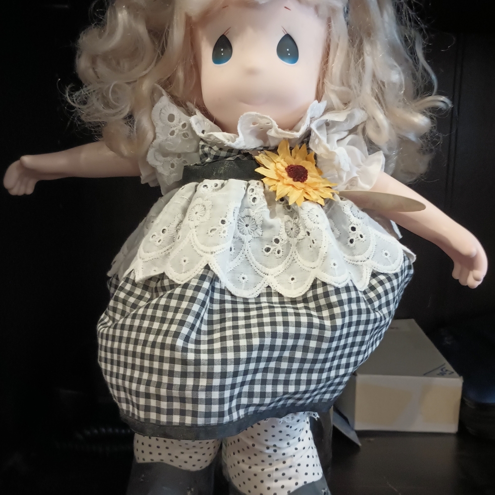 Precious Moments Doll in Black and White Gingham with Sunflower